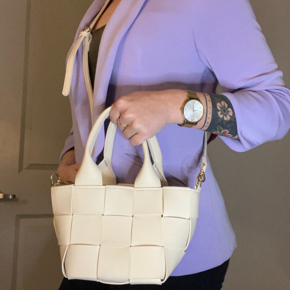 Small Square White Leather Basketweave Purse Crossbody Shoulder Bag